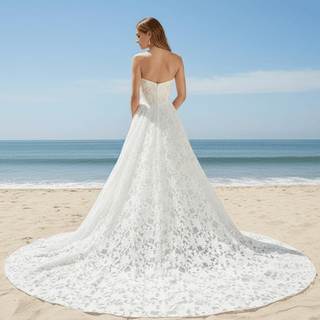 Elegant V Neck A Line Unique 3D Lace Wedding Dress with Sheer Bodice - Rosymae
