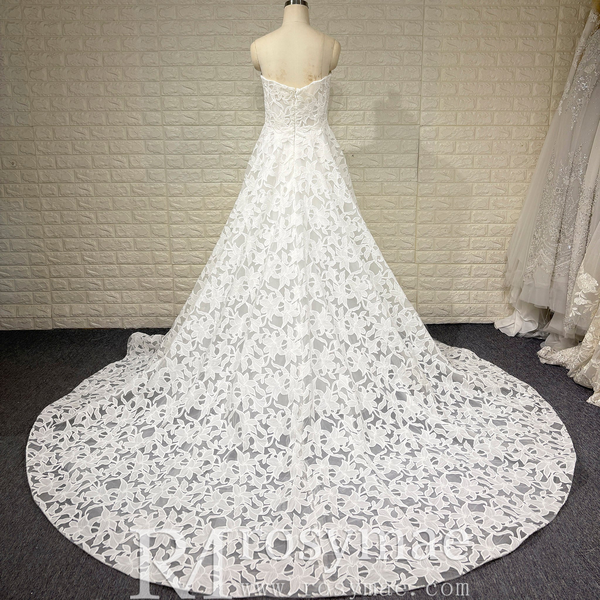 Elegant V Neck A Line Unique 3D Lace Wedding Dress with Sheer Bodice - Rosymae