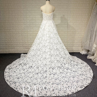 Elegant V Neck A Line Unique 3D Lace Wedding Dress with Sheer Bodice - Rosymae