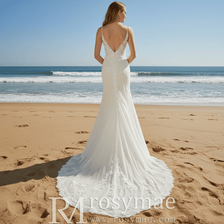 Elegant V-neck Mermaid Lace Spaghetti Straps Dress with Open Back - Rosymae