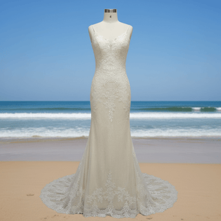 Elegant V-neck Mermaid Lace Spaghetti Straps Dress with Open Back - Rosymae