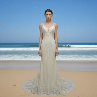 Elegant V-neck Mermaid Lace Spaghetti Straps Dress with Open Back - Rosymae
