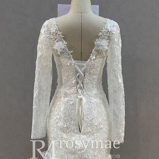 Elegant V-neck Mermaid Wedding Dress with Long Sleeves - Rosymae