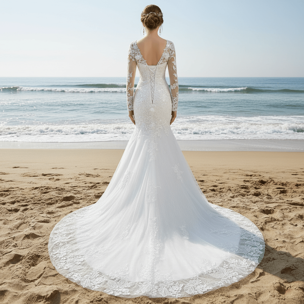 Elegant V-neck Mermaid Wedding Dress with Long Sleeves - Rosymae