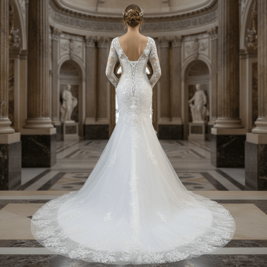 Elegant V-neck Mermaid Wedding Dress with Long Sleeves - Rosymae
