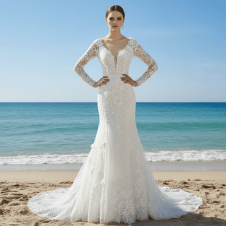 Elegant V-neck Mermaid Wedding Dress with Long Sleeves - Rosymae