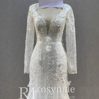 Elegant V-neck Mermaid Wedding Dress with Long Sleeves - Rosymae