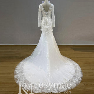 Elegant V-neck Mermaid Wedding Dress with Long Sleeves - Rosymae