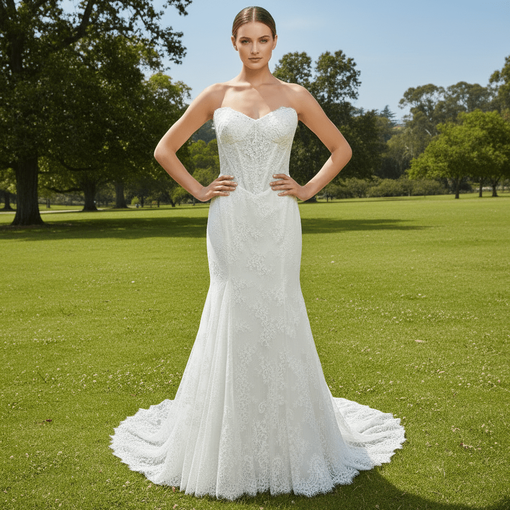 Elegant Vneck Fit and Flare Lace Wedding Dress with Long Sleeve Jacket - Rosymae