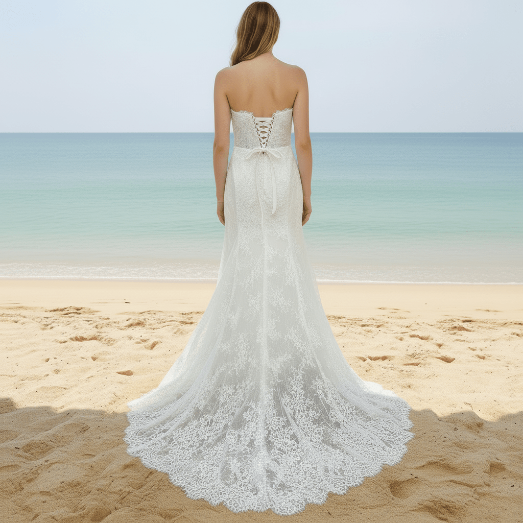 Elegant Vneck Fit and Flare Lace Wedding Dress with Long Sleeve Jacket - Rosymae