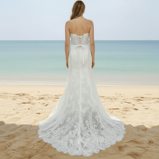 Elegant Vneck Fit and Flare Lace Wedding Dress with Long Sleeve Jacket - Rosymae