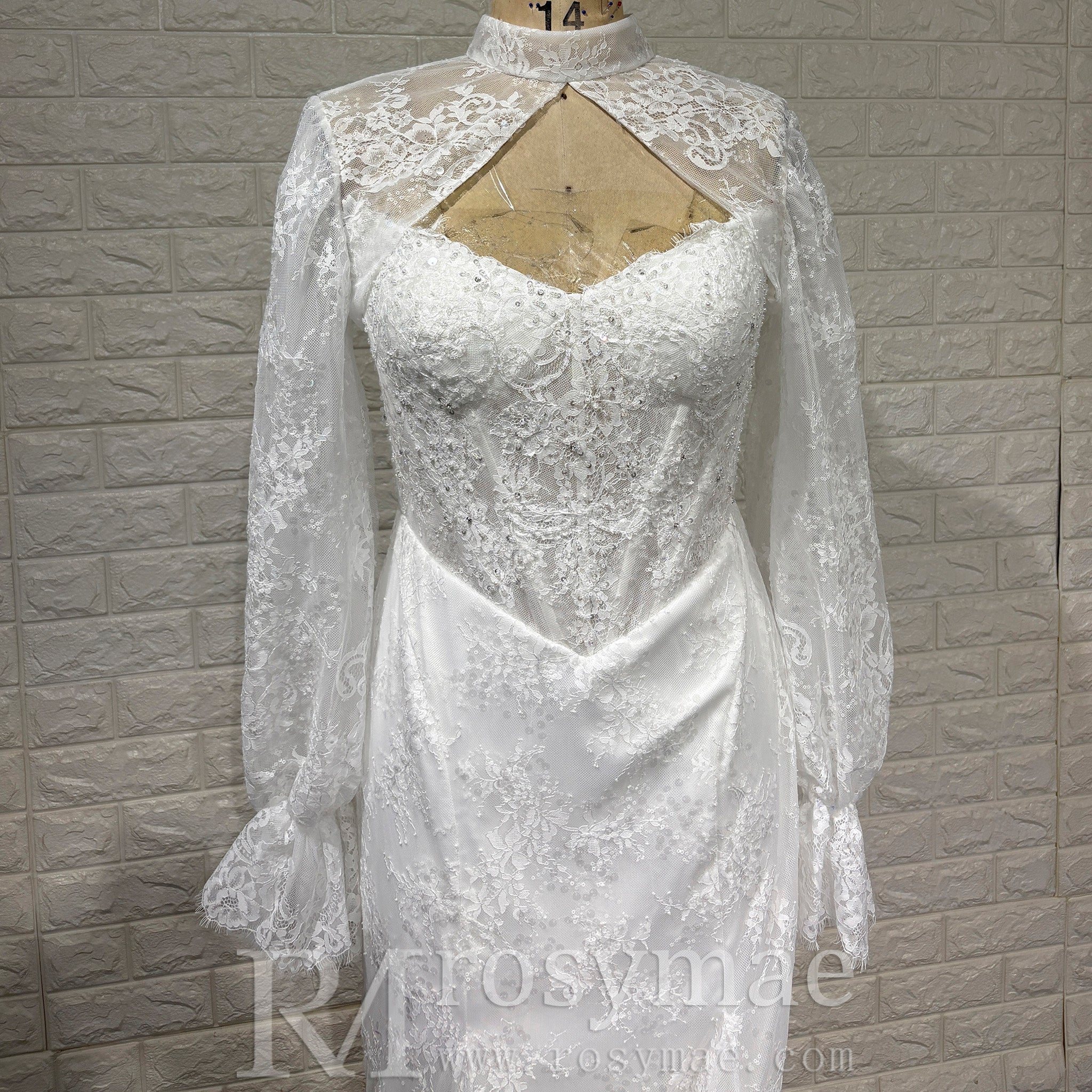 Elegant Vneck Fit and Flare Lace Wedding Dress with Long Sleeve Jacket - Rosymae