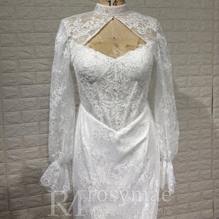 Elegant Vneck Fit and Flare Lace Wedding Dress with Long Sleeve Jacket - Rosymae