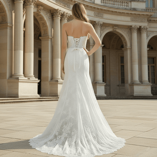 Elegant Vneck Fit and Flare Lace Wedding Dress with Long Sleeve Jacket - Rosymae