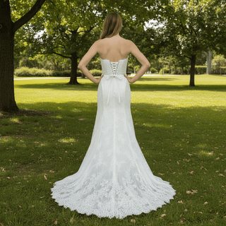 Elegant Vneck Fit and Flare Lace Wedding Dress with Long Sleeve Jacket - Rosymae
