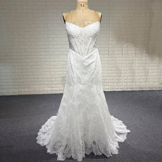 Elegant Vneck Fit and Flare Lace Wedding Dress with Long Sleeve Jacket - Rosymae