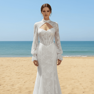 Elegant Vneck Fit and Flare Lace Wedding Dress with Long Sleeve Jacket - Rosymae