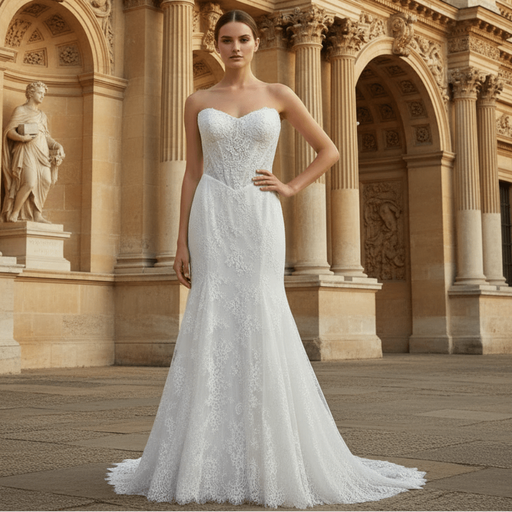 Elegant Vneck Fit and Flare Lace Wedding Dress with Long Sleeve Jacket - Rosymae