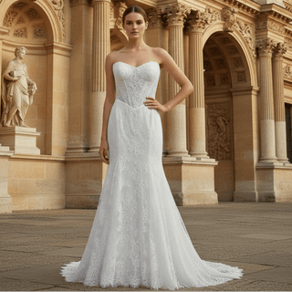 Elegant Vneck Fit and Flare Lace Wedding Dress with Long Sleeve Jacket - Rosymae