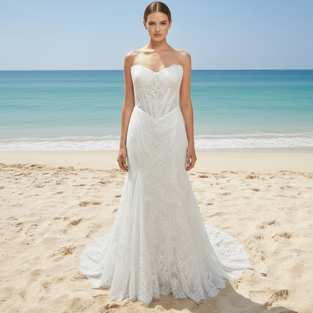 Elegant Vneck Fit and Flare Lace Wedding Dress with Long Sleeve Jacket - Rosymae