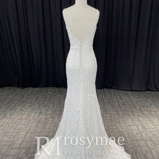 Elegant Vneck Spaghetti Strap Lace Mermaid Wedding Dress With Sparkle - Rosymae