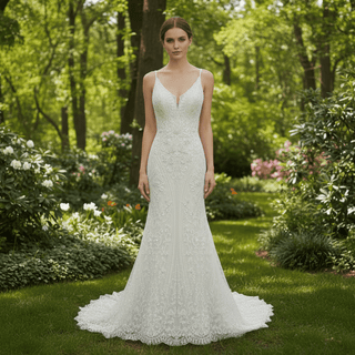 Elegant Vneck Spaghetti Strap Lace Mermaid Wedding Dress With Sparkle - Rosymae