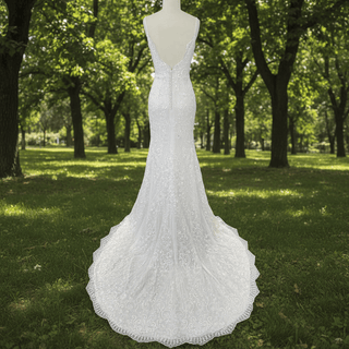 Elegant Vneck Spaghetti Strap Lace Mermaid Wedding Dress With Sparkle - Rosymae
