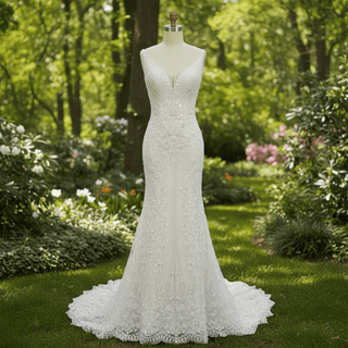 Elegant Vneck Spaghetti Strap Lace Mermaid Wedding Dress With Sparkle - Rosymae