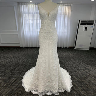 Elegant Vneck Spaghetti Strap Lace Mermaid Wedding Dress With Sparkle - Rosymae