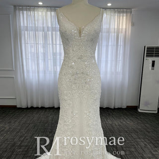 Elegant Vneck Spaghetti Strap Lace Mermaid Wedding Dress With Sparkle - Rosymae