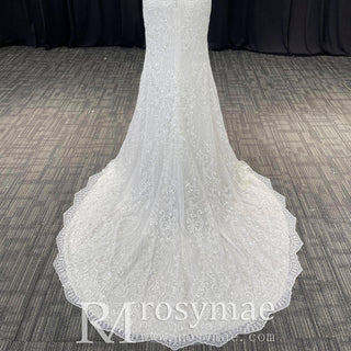 Elegant Vneck Spaghetti Strap Lace Mermaid Wedding Dress With Sparkle - Rosymae