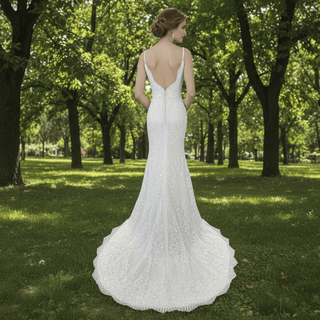 Elegant Vneck Spaghetti Strap Lace Mermaid Wedding Dress With Sparkle - Rosymae