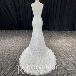 Elegant Vneck Spaghetti Strap Lace Mermaid Wedding Dress With Sparkle - Rosymae