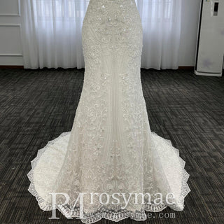 Elegant Vneck Spaghetti Strap Lace Mermaid Wedding Dress With Sparkle - Rosymae