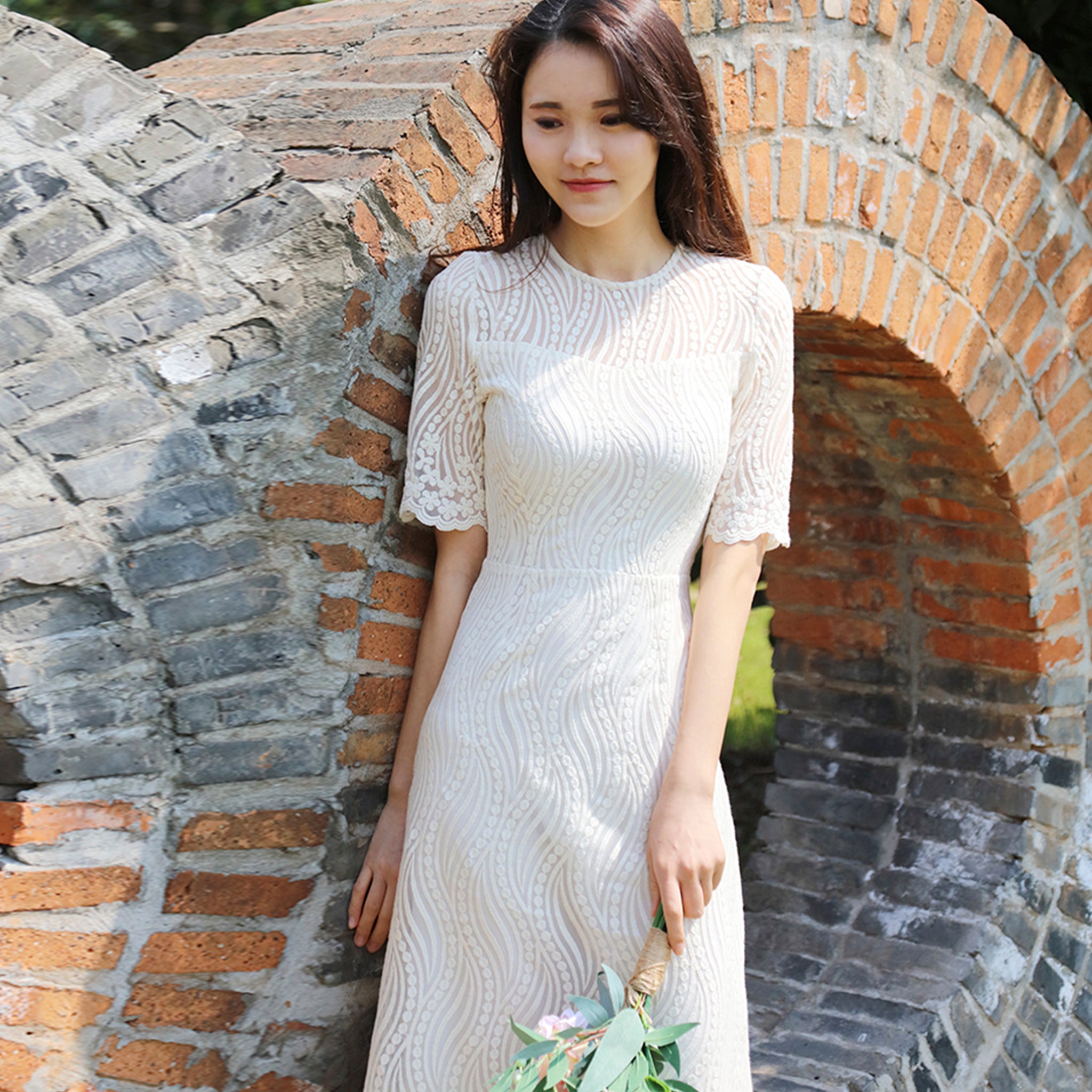 Elegant All-over Lace Midi Wedding Dress with Half Sleeves Rosymae Elegant All-over Lace Midi Wedding Dress with Half Sleeves Rosymae
