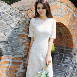 Elegant All-over Lace Midi Wedding Dress with Half Sleeves