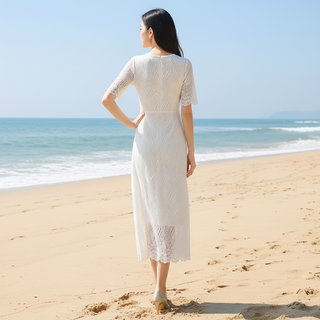 Elegant All-over Lace Midi Wedding Dress with Half Sleeves