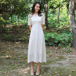 Elegant All-over Lace Midi Wedding Dress with Half Sleeves