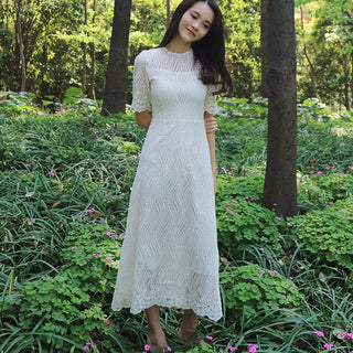 Elegant All-over Lace Midi Wedding Dress with Half Sleeves