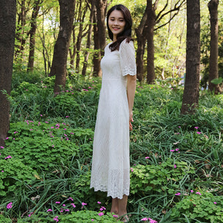 Elegant All-over Lace Midi Wedding Dress with Half Sleeves