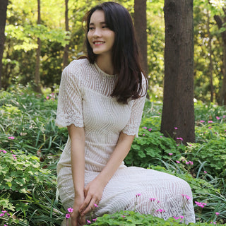 Elegant All-over Lace Midi Wedding Dress with Half Sleeves