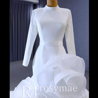 Elegant White Mermaid Ruffle Wedding Dress with Long Sleeves - Rosymae