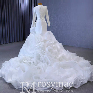Elegant White Mermaid Ruffle Wedding Dress with Long Sleeves - Rosymae