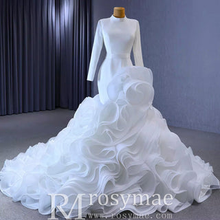 Elegant White Mermaid Ruffle Wedding Dress with Long Sleeves - Rosymae