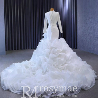 Elegant White Mermaid Ruffle Wedding Dress with Long Sleeves - Rosymae