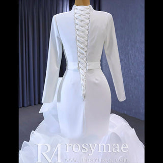 Elegant White Mermaid Ruffle Wedding Dress with Long Sleeves - Rosymae