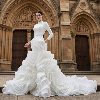 Elegant White Mermaid Ruffle Wedding Dress with Long Sleeves - Rosymae