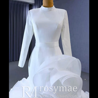 Elegant White Mermaid Ruffle Wedding Dress with Long Sleeves - Rosymae