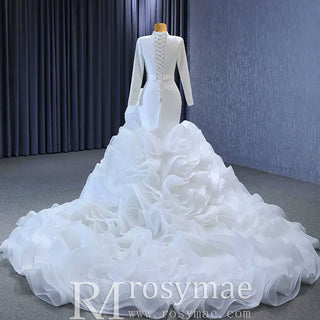 Elegant White Mermaid Ruffle Wedding Dress with Long Sleeves - Rosymae