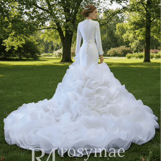 Elegant White Mermaid Ruffle Wedding Dress with Long Sleeves - Rosymae